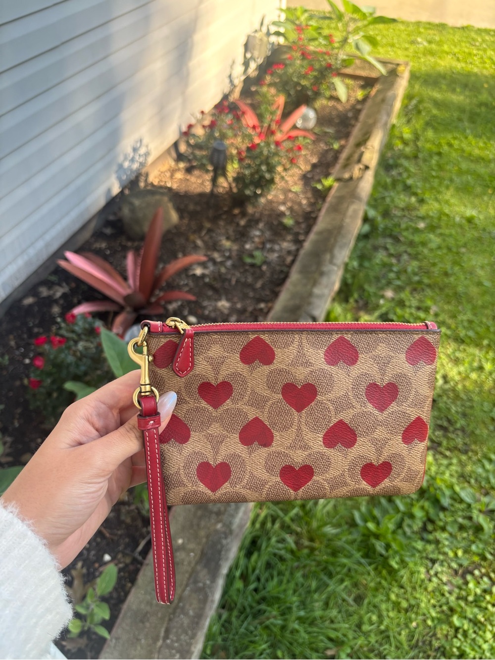 Coach Tan Red Apple Signature Wristlet with Red Heart Print